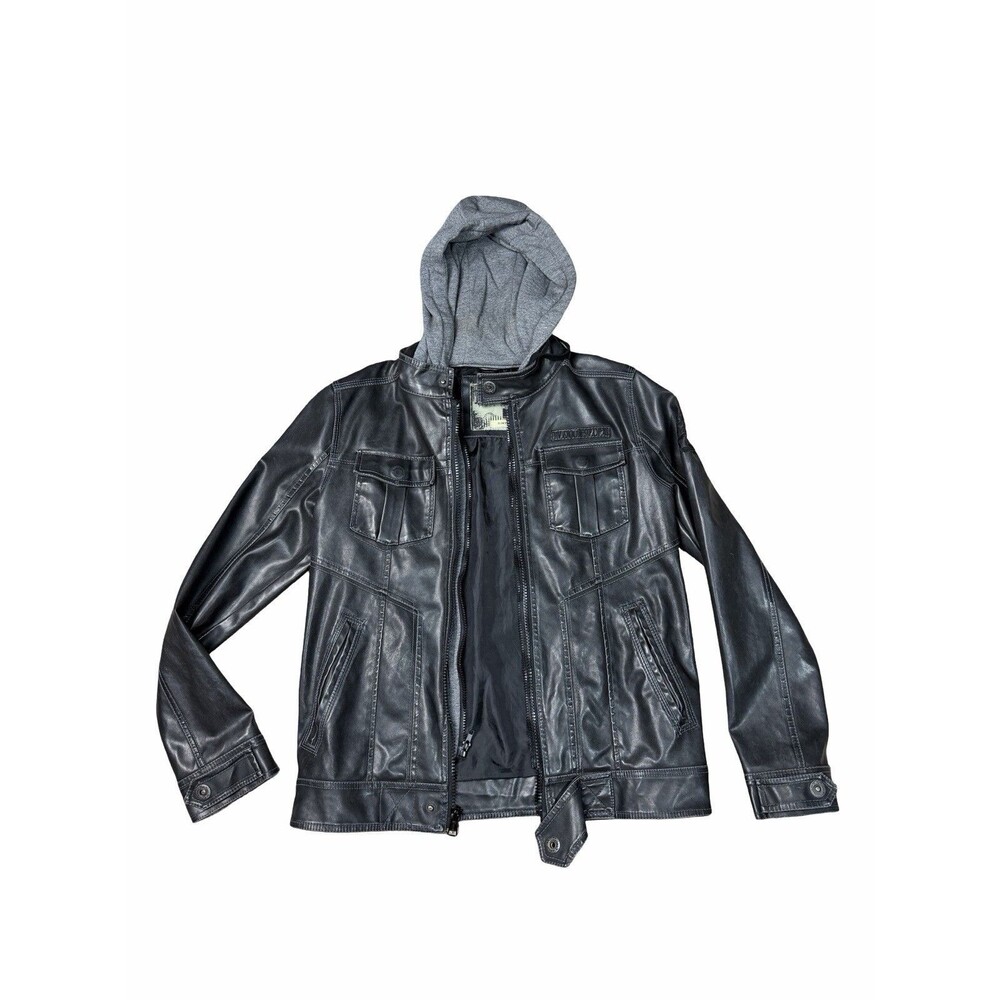 BKE Buckle Men's Black Faux Leather Jacket with Gray Hoodie S Slim Fit Y2K
